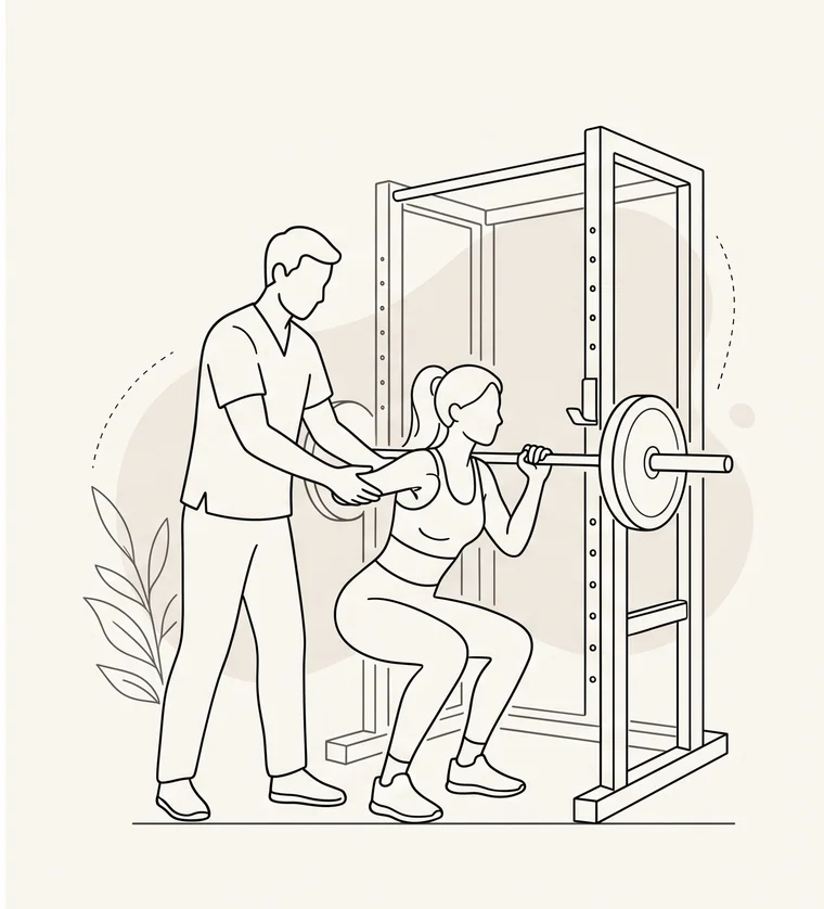 Ilustração: treino de força acompanhado no rack da SEU